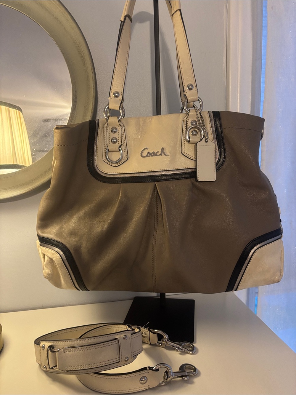 Coach Two-Tone Brown and Cream Leather Shoulder Tote